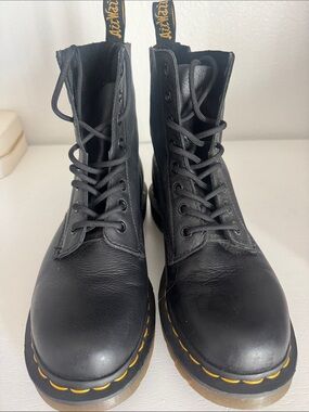 Dr. Martens Black Leather 8-Eye Lace-Up Boots with Yellow Welt Stitching